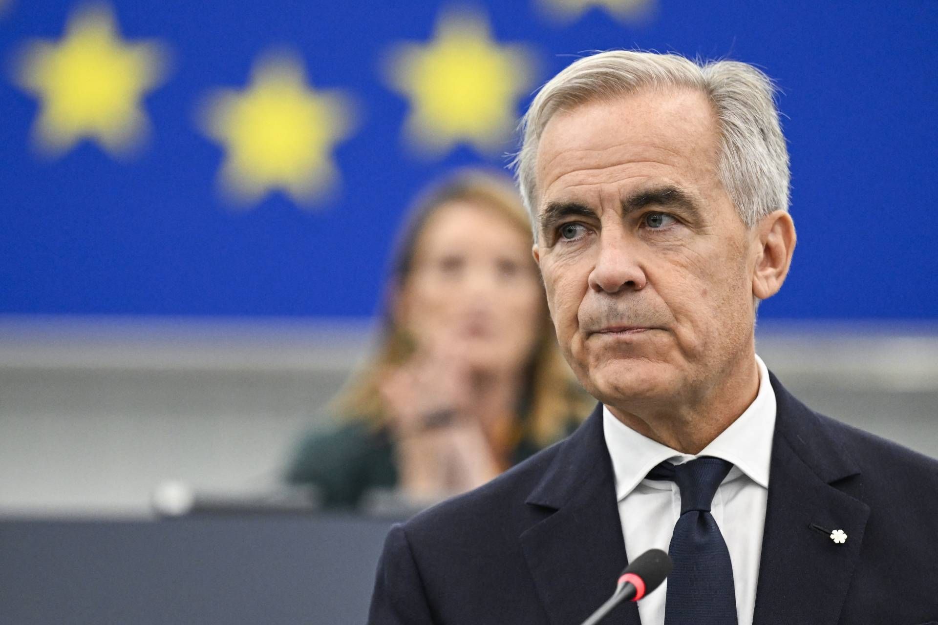 Canadian Prime Minister Mark Carney delivers a speech in the hemicycle of the European Parliament in Strasbourg, eastern France, as part of a trip during which he welcomed a proposal by European Commission President for Canada to become the E.U.'s first associate member, on September 17, 2026