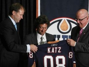 Katz with Kevin Lowe and Patrick LaForge, on day Katz bought team.