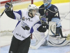 Jonathan Huberdeau celebrates his first Memorial Cup goal, his 60th of the season.