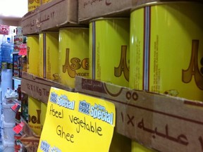 Vegetable ghee on sale at the Elsafadi Supermarket at 134th Avenue and 113th Street. Photo by Elise Stolte / Edmonton Journal