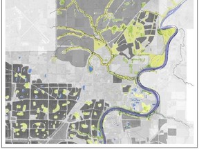 A network of protected green infrastructure, extending perpendicular from the river valley, informs the organizational layout and planning strategy for these new urban developments. Map by David James, Dalhousie University, 2010