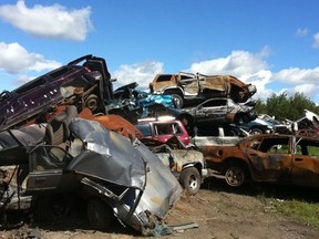 Piles of old cars sit in a junkyard that predates annexation in Edmonton's Hollick Kenyon neighbourhood. Photo by Elise Stolte / Edmonton Journal