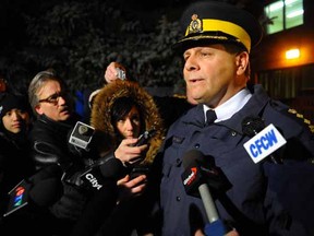 Killam RCMP Chief Supt. Rick Taylor speaks to the media at the Killam detachment after two officers were shot and wounded while executing a handgun warrant  near Sedgewick, Alberta, 180 km southeast of Edmonton, on February 7, 2012.