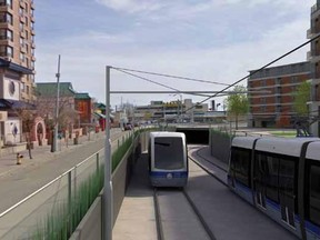 The proposed LRT portal in front of the Chinese seniors homes in The Quarters. Image by City of Edmonton