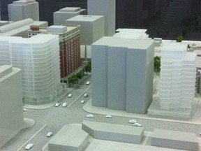 ProCura plans for Jasper Avenue and 109 Street. Photo of model at ProCura offices by Elise Stolte / Edmonton Journal