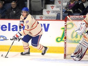 Brandon Davidson sets up shop behind his own goal line. (Photo courtesy GJ Photo and the Regina Pats)