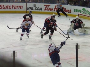 Martin Gernat (bottom centre) blasts home one of his seven post-season goals for last year's Ed Chynoweth Cup winning Edmonton Oil Kings. (Photo credit: Bruce McCurdy)