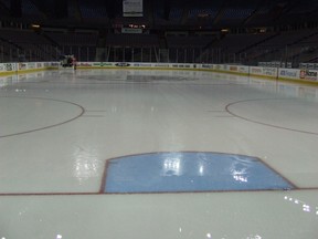 A forlorn Zamboni circles Rexall Place, which otherwise stands as empty as 29 other NHL arenas for the foreseeable future. (Photo credit: Bruce McCurdy)