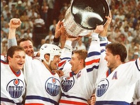 How better to summarize the success of the 1980s Edmonton Oilers than a pic of Wayne Gretzky surrounded by a host of great draft picks? L-R Esa Tikkanen, Steve Smith, Mark Messier, Gretzky, Kevin Lowe