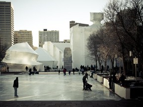 Metropolis pavilions glow in the background as families skate at city hall Feb. 4, 2012. Photo by Journal contributor Allie Kenny.