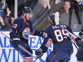 EDMONTON, AB. MARCH 11, 2008 - Sam Gagner congratulates Andrew Cogliano on his overtime winning goal - his third in three games - with less than five seconds on the clock. SHAUGHN BUTTS/EDMONTON JOURNAL