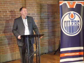 Kevin Lowe addresses the media at today's announcement of Oilers Hackathon 2.0