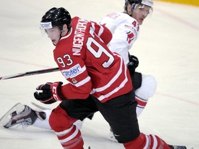 Ryan Nugent-Hopkins leaves a defender strewn in his wake at last spring's World Senior Hockey Championship.