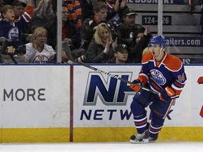 Jordan Eberle celebrates a shootout goal against Minnesota last season. (Bruce Bennett/Getty Images)