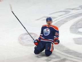 Nail Yakupov celebrates his second career goal. (Andy Devlin/Getty Images)