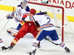 Jeff Petry arrives just in time to have a great view of Lee Stempniak's winning goal against the Oilers on Saturday.