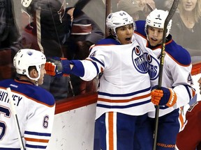 Edmonton Oilers' Nail Yakupov (64), of Russia, celebrates a game-winning goal last season (AP Photo/Ross D. Franklin)