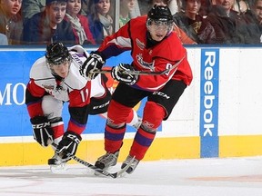 Tobias Rieder wins a puck battle with Jonathan Huberdeau at the 2011 Top Prospects Game.