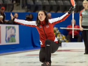 Team Canada skip Heather Nedohin reacts to her shot during Draw 16 curling action against the Northwest Territories at the Scotties Tournament of Hearts Friday, Feb. 22, 2013 in Kingston, Ont. Photo by Ryan Remiorz/The Canadian Press