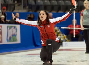 Team Canada skip Heather Nedohin reacts to her shot during Draw 16 curling action against the Northwest Territories at the Scotties Tournament of Hearts Friday, Feb. 22, 2013 in Kingston, Ont. Photo by Ryan Remiorz/The Canadian Press