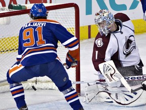 Edmonton Oilers' Magnus Paajarvi scores the winning goal on Colorado Avalanche goalie Semyon Varlamov during third period NHL hockey action in Edmonton, Alta., on Saturday, February 16, 2013. THE CANADIAN PRESS/Jason Franson.