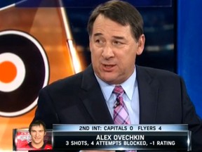 NHL television analyst and former player, coach and GM Mike Milbury talks about Washington Capitals captain Alex Ovechkin's performance during a TV broadcast on Wednesday, Feb. 27, 2013.