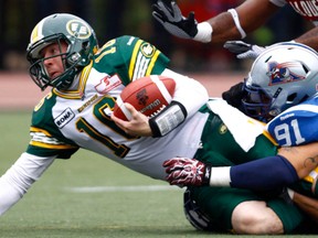 Edmonton Eskimos quarterback Matt Nichols in action against the host Montreal Alouettes in October 2012.