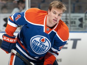 Edmonton Oilers forward Taylor Hall during warmup ahead of a game against the visiting Los Angeles Kings Jan. 15, 2012.