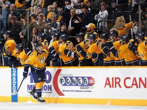 One of six goal celebrations for the Nashville Predators on Friday night. (Photo: John Russell/Getty Images)