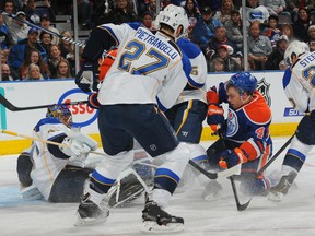 The Oilers will need to spend much more time crashing the St. Louis net than they did in their last game against the Blues if they hope to win tonight. (Photo: Andy Devlin/Getty Images)