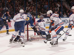 Nikolai Khabibulin saw a lot of action around his crease on Tuesday night, but he never saw the red light turn on.
(Photo: Mark Buckner/Getty Images)