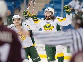 University of Alberta Golden Bears left-winger Levko Koper, centre, and Jordan Hickmott celebrate after Koper scored the game-winning goal in overtime against the Saint Mary’s Huskies at the CIS University Cup men’s championship in Saskatoon on Friday. The Bears defeated the Huskies 4-3.

Photograph by: Liam Richards , THE CANADIAN PRESS