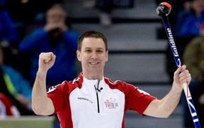 Newfoundland and Labrador skip Brad Gushue reacts to one of his shots during the afternoon draw against Quebec at the Tim Hortons Brier in Edmonton on Friday, March 8, 2013. Gushue beat Quebec's Jean-Michel Menard 5-4 to clinch a playoff berth. Photo by Jonathan Hayward, The Canadian Press