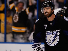 Defenceman Brett Clark, shown here as a member of the Tampa Bay Lightning during the 2011 NHL playoffs, has been signed by the Minnesota Wild. Clark had been playing with the AHL Oklahoma City Barons, farm team of the Edmonton Oilers. Photo by Eliot J. Schechter, Getty Images