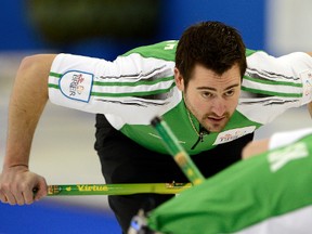 Team Saskatchewan skip Brock Virtue watches his rock closely during extra end curling action against Northern Ontario in the morning draw at the 2013 Tim Hortons Brier at Edmonton's Rexall Place on Thursday March 7, 2013. Team Saskatchewan won the game by a score of 7-6. Photo by Larry Wong, Edmonton Journal