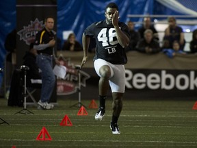 Linebacker Frederic Plesius of the Universite de Laval works out during the 2012 CFL Draft Combine in Toronto. Photo by Aaron Lynett, Postmedia News