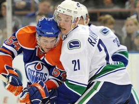 Centre Chris VandeVelde, left, will draw into the Edmonton Oilers lineup Thursday, March 7, 2013, against the host Detroit Red Wings. File photo by Shaughn Butts, Edmonton Journal