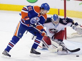 Magnus Paajarvi takes it to the blue paint with good results in this first period goal against Sergei Bobrovsky. (Photograph by: Greg Southam, Edmonton Journal)