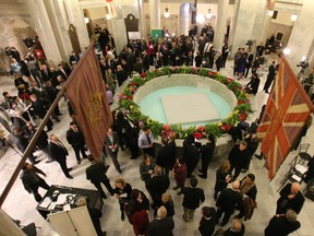 The big rotunda budget scrum in 2011. Photo by Rick MacWilliam/Edmonton Journal.