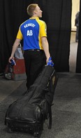 EDMONTON, ALTA: MARCH 3, 2013 -- Alberta second Marc Kennedy wheels away their equipment bag during day two of the 2013 Tim Hortons Brier at Rexall Place in Edmonton, March 3, 2013. (ED KAISER/EDMONTON JOURNAL) (For John MacKinnon story)