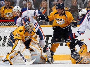 One of the rare times Edmonton Oilers crashed Pekka Rinne's crease in a 6-0 loss in Nashville last week. (Photo by John Russell/NHLI via Getty Images)