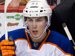 Centre Ryan Nugent-Hopkins looked paler, thinner than usual when he returned to the Edmonton Oilers lineup Monday night in Nashville. Photo by Darryl Dyck, The Canadian Press