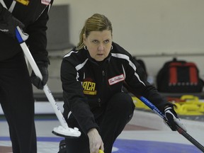 LARRY WONG / EDMONTON JOURNAL

Deb Santos delivers a rock in the final of the Alberta senior women's curling championship against defending champion Cathy King at the Granite Curling Club on Feb. 17,  2013.