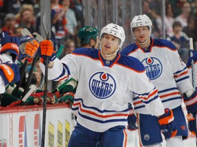 Taylor Hall celebrates his goal against Minnesota, one of six the Oilers would manage on the night. (Photo: Bruce Kluckhohn/Getty Images)