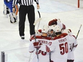 Members of the Phoenix Coyotes celebrate a goal in Wednesday night's 3-1 victory over Edmonton. (Photo: Ed Kaiser/Edmonton Journal)