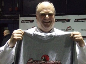 Oil Kings general manager Bob Green shows off his 2012 Eastern Conference championship shirt following a Game 5 win over the Moose Jaw Warriors last year. He's hoping to add another to his wardrobe Sunday in Calgary.