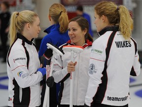 ED KAISER/EDMONTON JOURNAL, FILE

From left, Jen Gates, skip Laura Crocker and Sarah Willes have a chat  between ends during a curling game at the Saville Centre in October 2012.