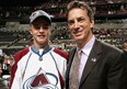 Colorado Avalanche draft pick Troy Bourke, left, stands with Joe Sakic at the 2012 NHL entry draft in Pittsburgh last June. Getty Images photo