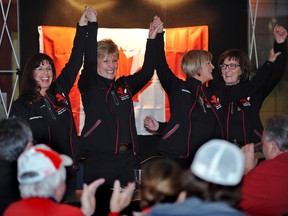 ED KAISER/EDMONTON JOURNAL

From left, Cathy King and her 2012 Canadian senior women's championship  rink of Carolyn Morris, Lesley McEwan and Doreen Gares at a sendoff party at the Saville Sports Community Centre on April 8, 2013, before the team left for the world senior curling championships in Fredericton, N.B.