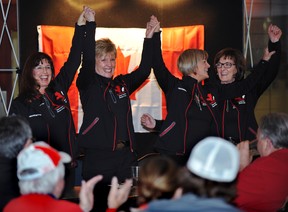 ED KAISER/EDMONTON JOURNAL

From left, Cathy King and her 2012 Canadian senior women's championship  rink of Carolyn Morris, Lesley McEwan and Doreen Gares at a sendoff party at the Saville Sports Community Centre on April 8, 2013, before the team left for the world senior curling championships in Fredericton, N.B.